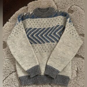 Men's Gray and Blue Patterned Wool Sweater, Size Small
